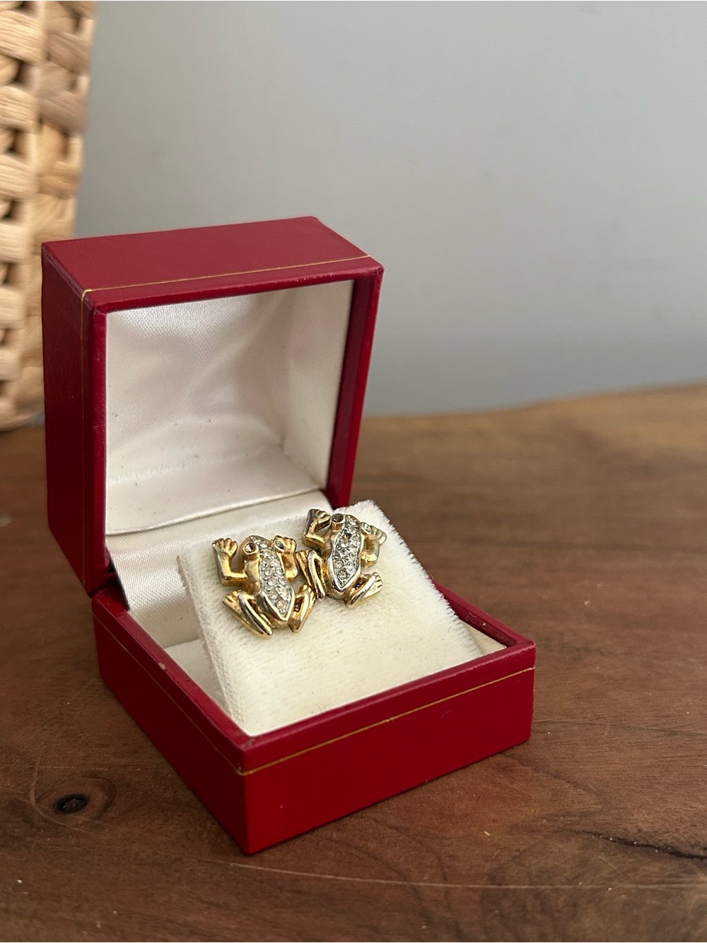 vintage gold-tone frog Earrings sparkling clear rhinestones in red box